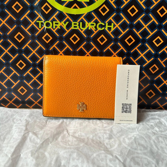 Tory Burch Blake Color Block Mini Wallet Orange Citrine Curly Ditsy Logo - Picture 1 of 10